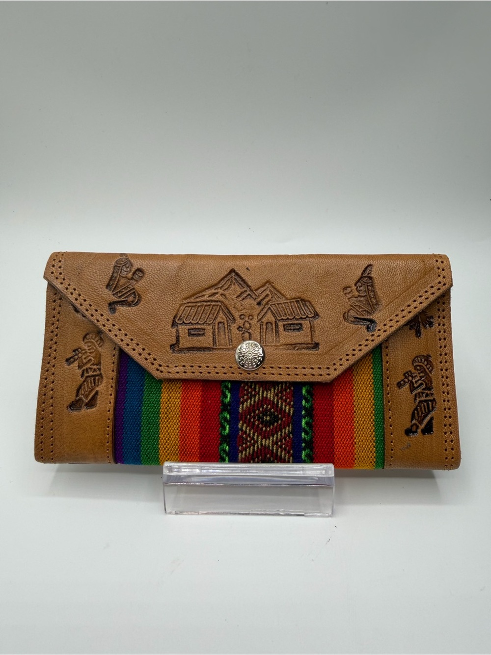 Handcrafted Tan Leather & Multicolor Stripe Women's Wallet